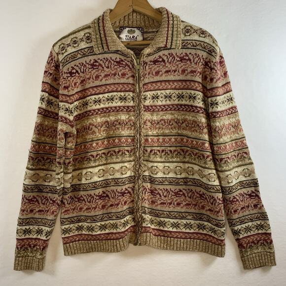 Vintage Tiara Womens Fair Isle Full Zip Sweater Sz M Cottage Countyside Heritage - Picture 1 of 9